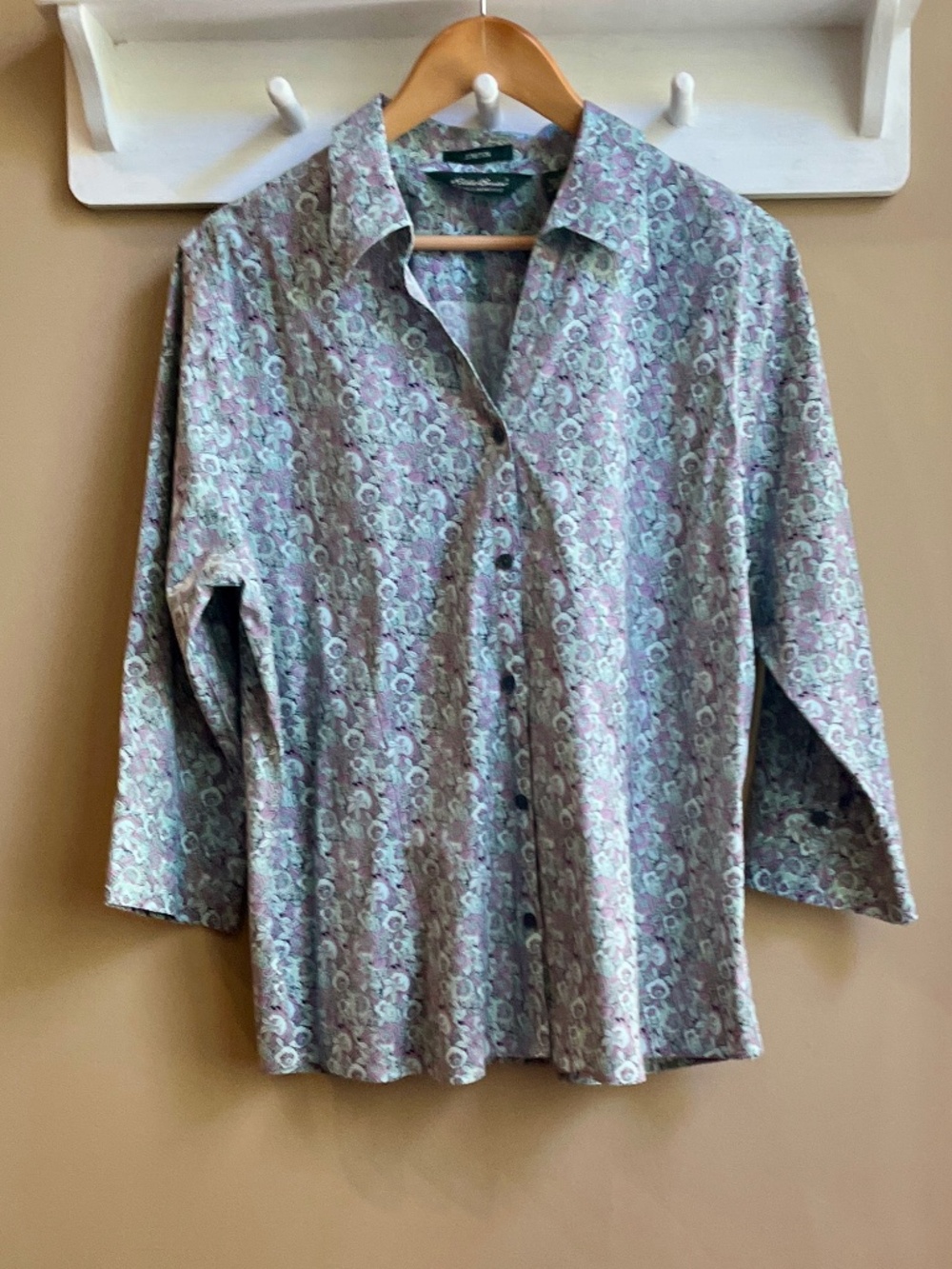 Eddie Bauer Wrinkle Resistant Stretch 3/4 Sleeve Floral Button Up Top Size XL